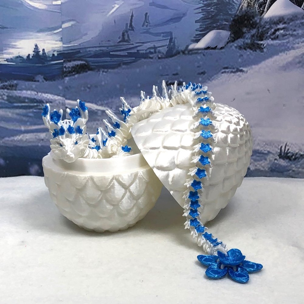 3D Articulated Dragon with Dragon Egg, Fidget Toy Dragon, 12" White and Blue Cherry Blossom Dragon, Executive Desk Toy D017-WB-WE