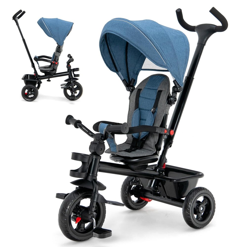 GLACER Tricycle, 5 in 1 Toddler Bike with Adjustable Push Handle, Removable Canopy, Reversible Seat, Safety Harness, EVA Wheels, Cup Holder & Storage Basket, Baby Tricycle for Age 1.5-5 Years (Blue)