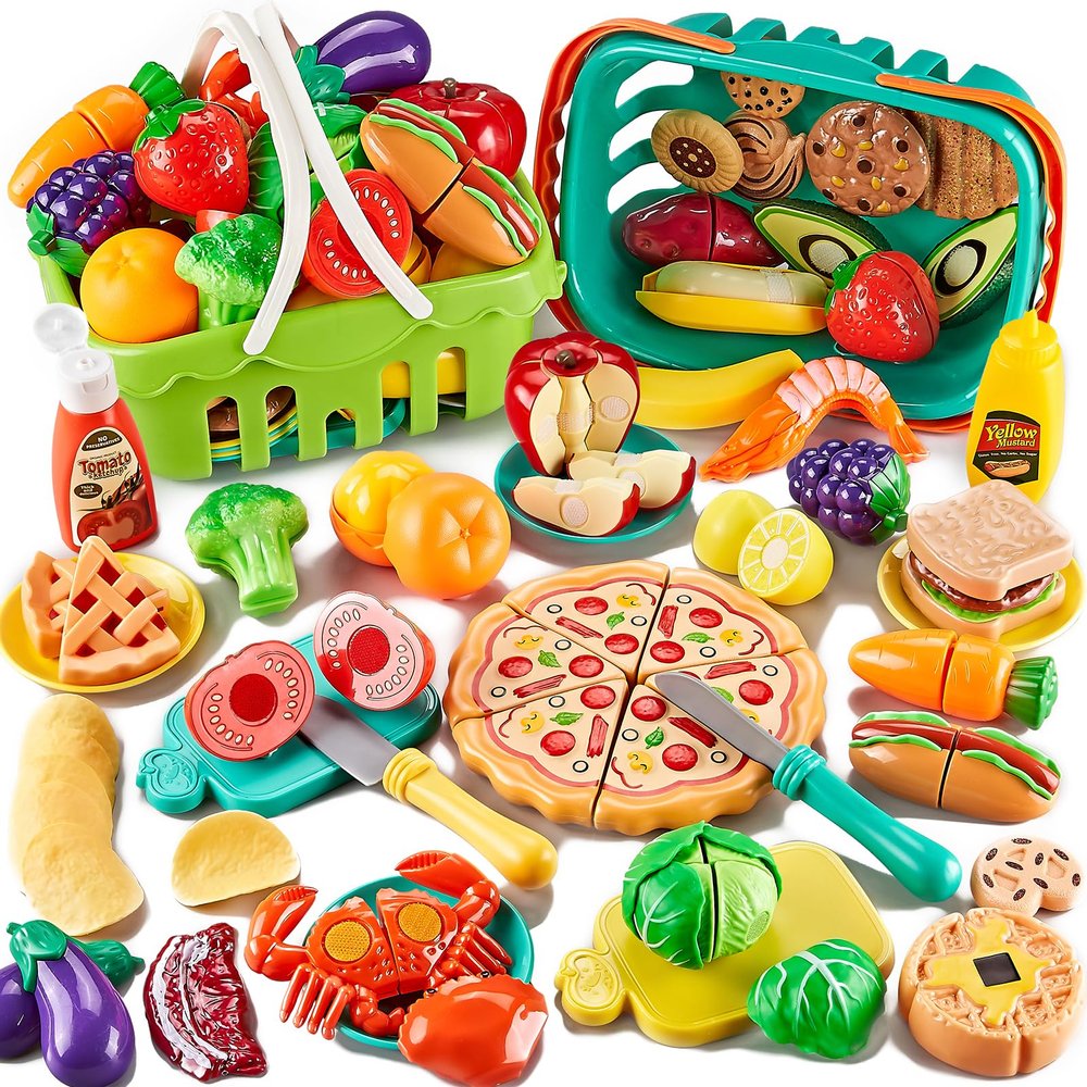 Kidsciety 85Pc Pretend Play Food Sets for Kids Kitchen, Cutting toy food with 2 Baskets, Play Kitchen Accessories for Toddlers, Fake Food with Pizza Veggies Fruits, Kids Kitchen Toys, Boys Girls Gift.