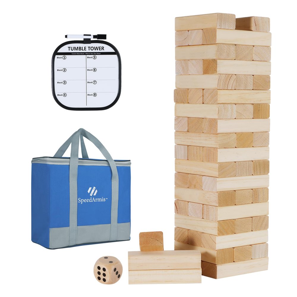 SpeedArmis Giant Tumble Tower, 56 PCS Wooden Stacking Game (Stack to 3.5FT) - Pine Stack Timber Board Play with Carrying Bag-Classic Indoor/Outdoor Games for Adults Family