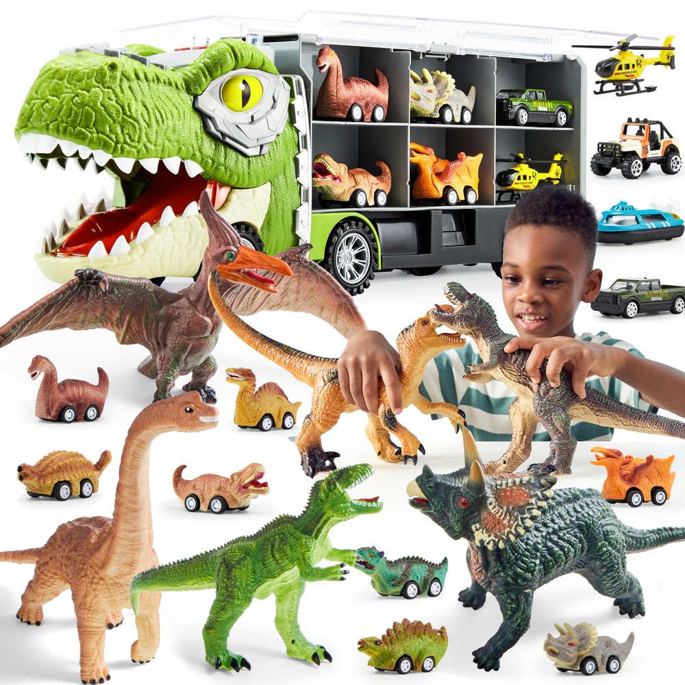 JOYIN 13 in 1 Dinosaur Toys with Big Dinosaur Toys, Dinosaur Truck with 12 Pull Back Cars, 6 Piece Large Soft Dinosaur Figures with an Educational Book