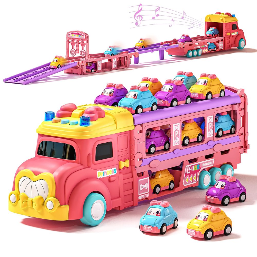 Musical Transport Truck Toy Set with 46 inch Race Track, 14 Cars