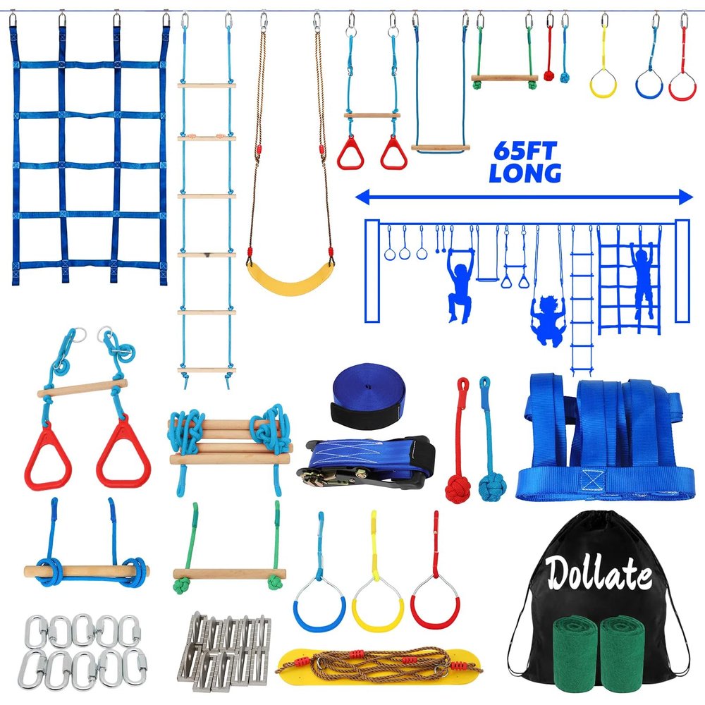 Dollate Ninja Warrior Obstacle Course for Kids - 65FT, Outdoor Obstacle Course 14 Accessories, Swings, Monkey Bars, Arm Trainers - Suitable for Boys and Girls 3+ - 440 lbs Capacity