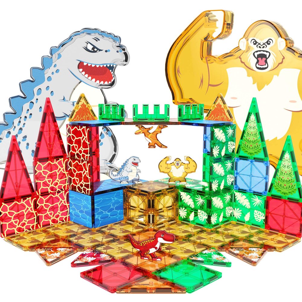 Asago Dinosaurs Toys Magnetic Tiles for Kids 3-5, Dino,King Kong and Godzilla Animals World Construction Tile for Toddlers Ages 5-7, Magnet Building Blocks for Boys Girls Ages 3+ 4-8 8-12 Year Old
