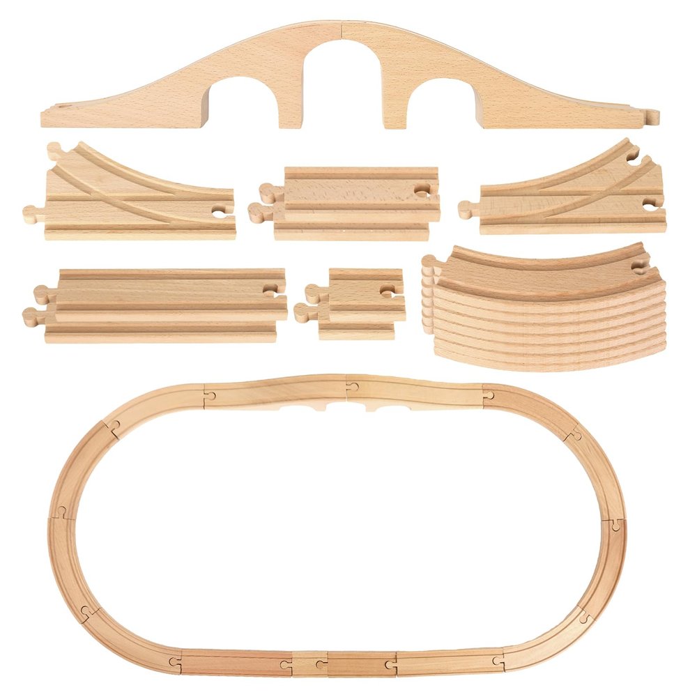 JarThenaAMCS 24Pcs Wood Train Tracks Expansion Set Wooden Train Bridges Track Connectors and Adapters