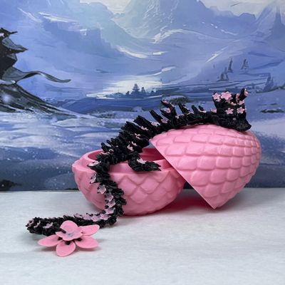 3D Printed Dragon with Dragon Egg, Articulated Fidget Toy Dragon, 12" Black and Pink Cherry Blossom Dragon, Executive Desk Toy D028-PE