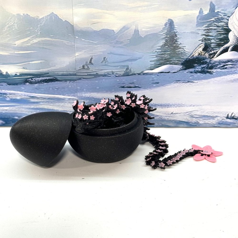 3D Printed Dragon with Dragon Egg, Articulated Fidget Toy Dragon, 12" Black and Pink Cherry Blossom Dragon, Executive Desk Toy D028-BE-CLS