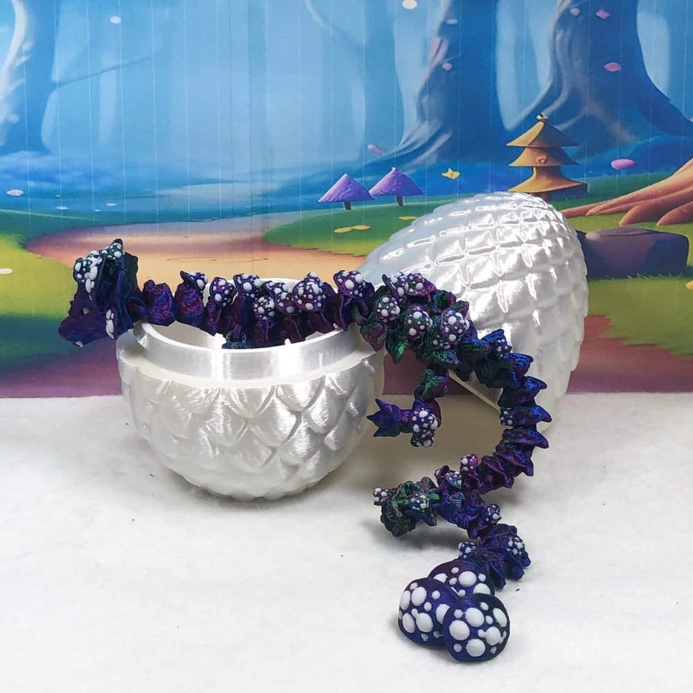 3D Printed Dragon with Dragon Egg, Articulated Fidget Toy Dragon, 12" Red Green Blue Mushroom Dragon, Executive Desk Toy D025-RGB-WE