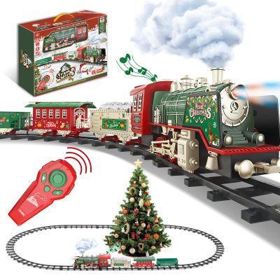 JQ JUQU Remote Control Electric Train Set with Real Steam, Lights & Sound, Toy Train for Kids Ages 3-8 with Complete Tracks, for Christmas Tree and Indoor Play