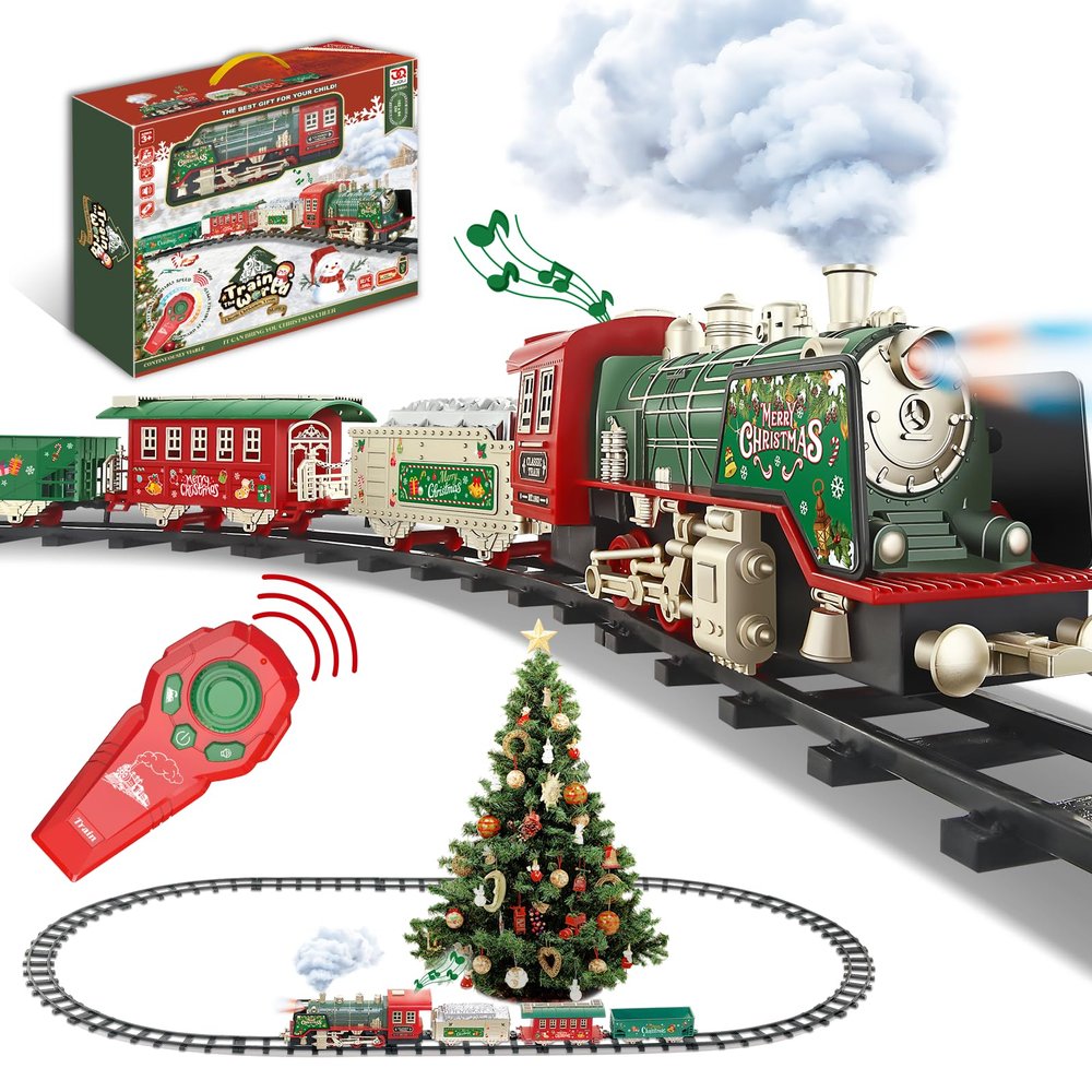 JQ JUQU Remote Control Electric Train Set with Real Steam, Lights & Sound, Toy Train for Kids Ages 3-8 with Complete Tracks, for Christmas Tree and Indoor Play