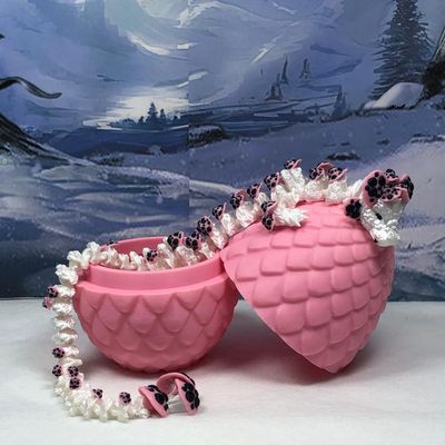 3D Printed Dragon with Dragon Egg, 12" Articulated White Pink and Black Mushroom Dragon, Executive Desk Toy D035-PE