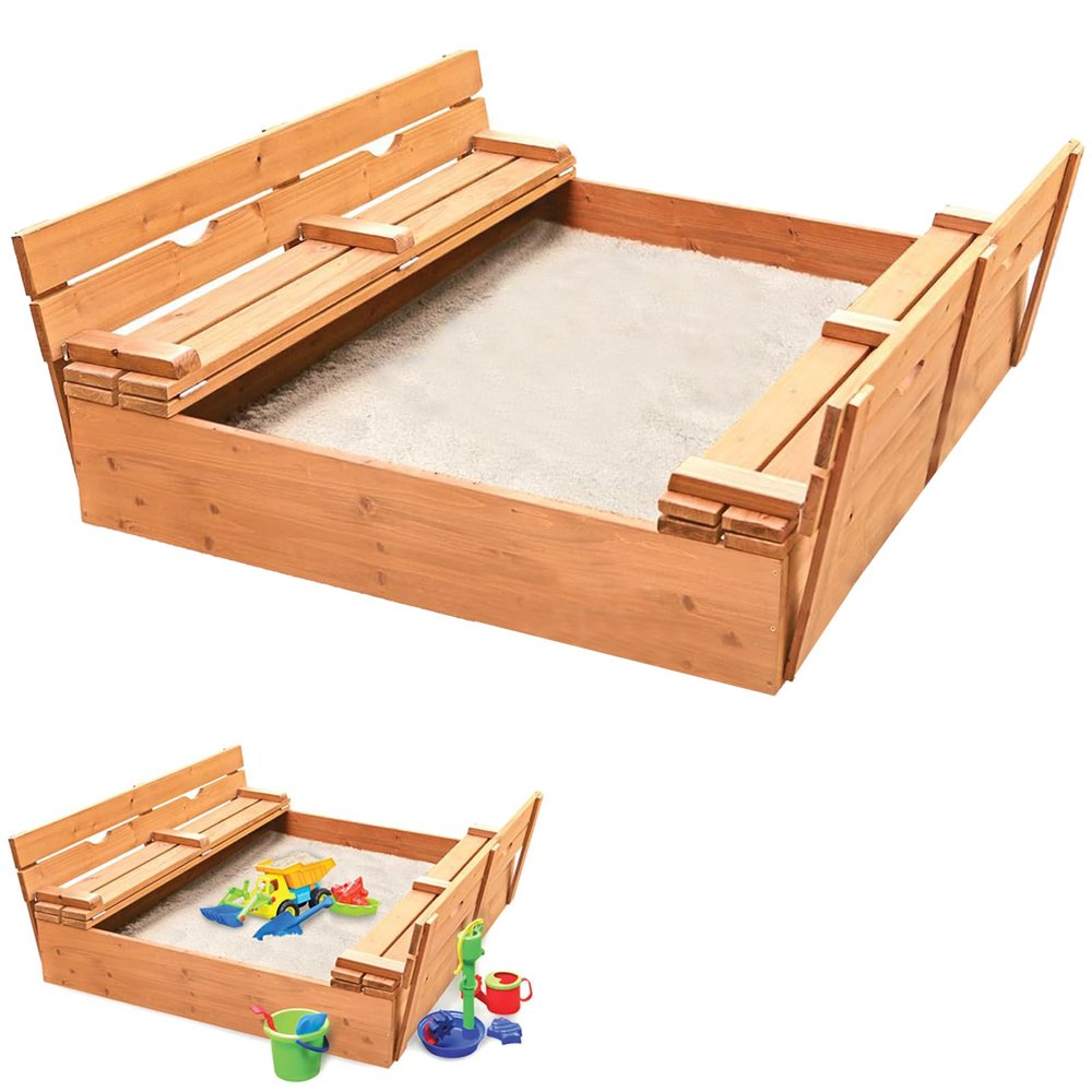 YYRZZ Kids Sand Boxes with Cover, Wood Sandbox with 2 Bench Seats Foldable Sand Pit, Children Outdoor Wooden Playset Gift for Backyard Patio Garden(48x48Inch)