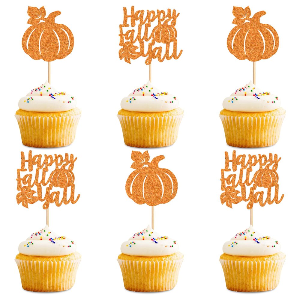 24Pcs Happy Fall Yall Cupcake Toppers Glitter Pumpkin Cupcake Picks Little Pumpkin Baby Shower Cupcake Decors Kids Fall Birthday Cupcake Cake Decors Thanksgiving Party Decorations