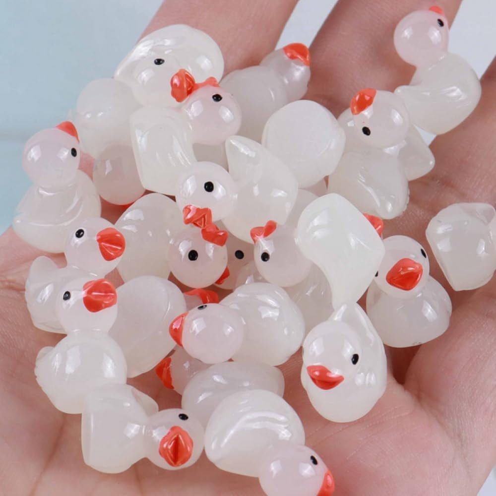 100pcs Mini Resin Duck,15 mm Dollhouse Dcor Glow in The Dark for Aquarium Decor Micro Fairy Garden Landscape Hide,Seek Party Toys,Easter Basket Stuffer, Gift for All Ages (White-Duck)