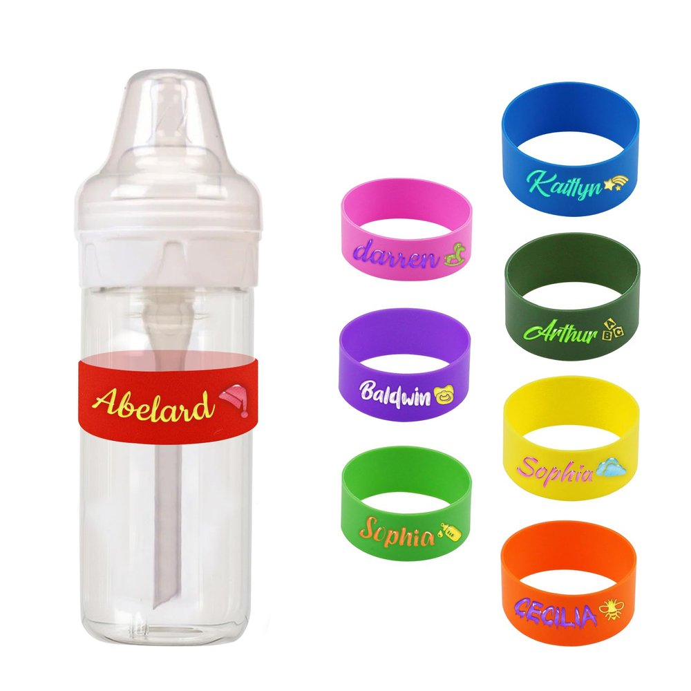 2PCS Custom Baby Bottle Labels for Daycare, Personalized Water Bottle Labels Sippy Cup Labels, Custom Silicone Labels with Name, Non-Slip Elastic Reusable, Name Labels for Kids - Red