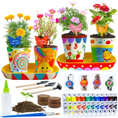 RGBDOT Kids Gardening Set Paint and Plant Stoneware Flower Gardening Kit with 4 Pots Arts and Crafts for Kids Ages 8-12 Best Childrens Day Gift for Girls Boys Ages 5 6 7 8 9 10