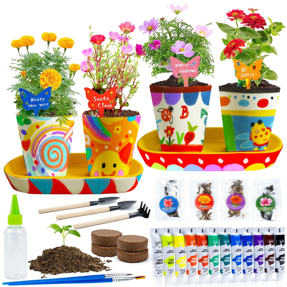 RGBDOT Kids Gardening Set Paint and Plant Stoneware Flower Gardening Kit with 4 Pots Arts and Crafts for Kids Ages 8-12 Best Childrens Day Gift for Girls Boys Ages 5 6 7 8 9 10