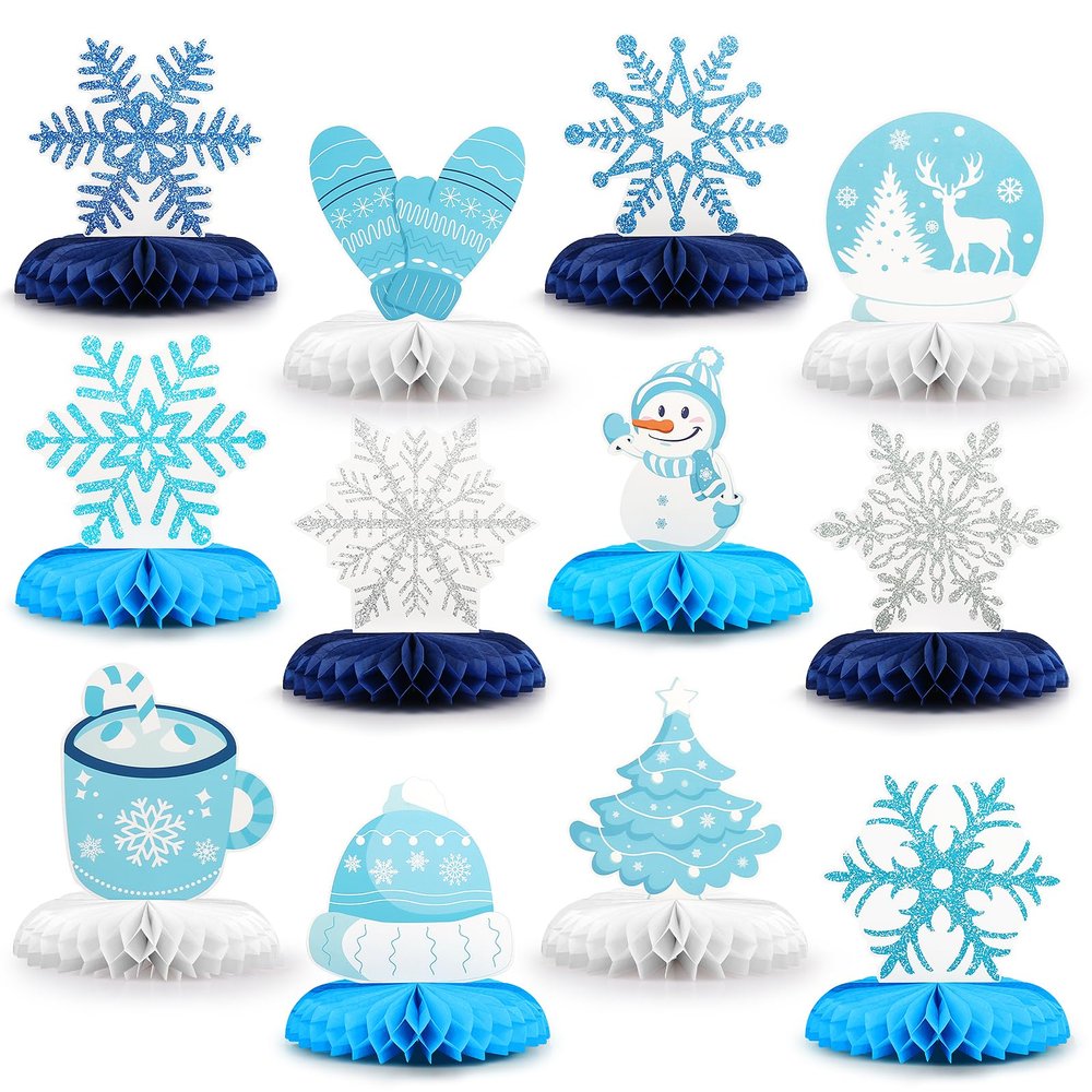 12PCS Winter Wonderland Party Decorations 3D Honeycomb Winter Centerpieces for Tables Blue White Christmas Party Supplies for Kids Birthday Xmas Holiday Party Prop Supply