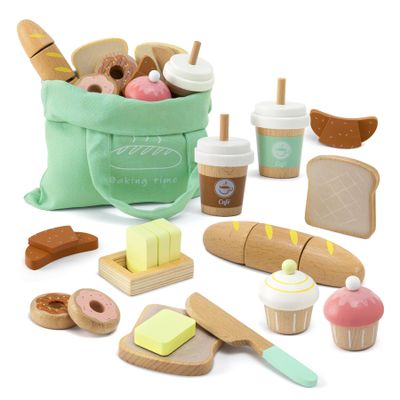 17 PCS Wooden Bakery Toy Food Playset for Kids, Pretend Picnic Play Food for Toddlers 3+, Play Kitchen Accessories with Shopping Bag, Cutting Food Toys, Gift for Girls Boys and Girls