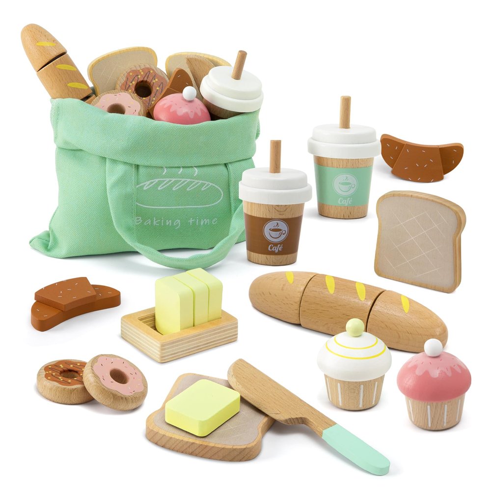 17 PCS Wooden Bakery Toy Food Playset for Kids, Pretend Picnic Play Food for Toddlers 3+, Play Kitchen Accessories with Shopping Bag, Cutting Food Toys, Gift for Girls Boys and Girls