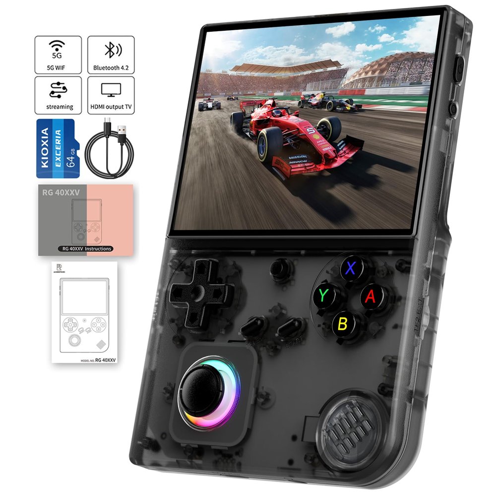 RG40XX V Handheld Game Consoles RG40XXV Retro Game Console Built-in 64G TF Card RG 40XXV Portable Gaming Console Linux 64-bit System Supports WiFi Bluetooth HD and TV Output Black