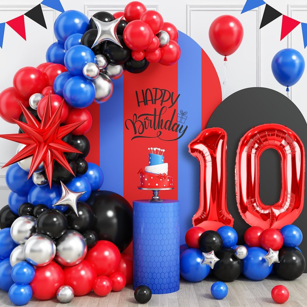 10th Birthday Party Decoration for Boys, 10th Birthday Balloons Arch with Royal Blue Black Red Silver Balloon Star Foil Balloons Red Number 10 Balloon for 10 Year Old Teens Boys Party Decor