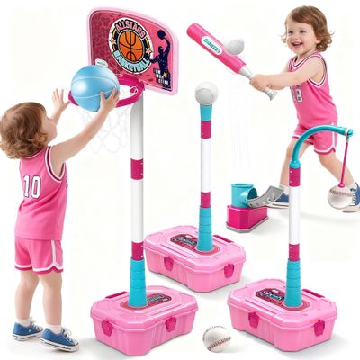 4 in 1 Pink Basketball Hoop for Girls 1-3, 3-5, Mini Basketball Hoop for Toddlers, Pink Toddler Basketball Goal and T Ball Set, Indoor Outdoor Toys, Birthday Gifts for Girls 1 2 3 4 5 Years Old