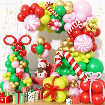 Christmas Balloon Arch Garland Kit, 123Pcs Long Green Red Paster Pink Gold Xmas Balloons with Candy Cane Foil Balloon for Merry Christmas Holiday Birthday Baby Shower Winter New Year Party Decorations