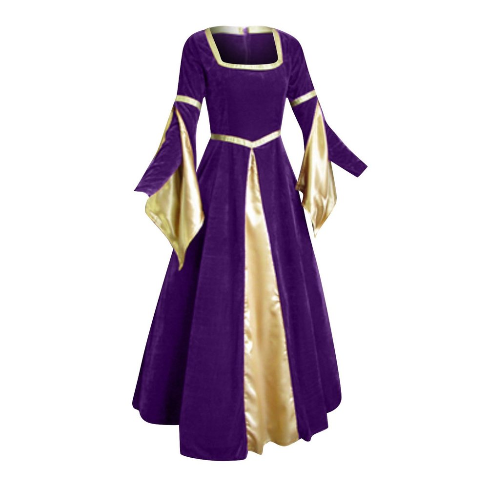 Renaissance Dress for Women Dress Up Halloween Costume Faire Gothic Gown Retro Lace-up Trumpet Sleeve Maxi Dress