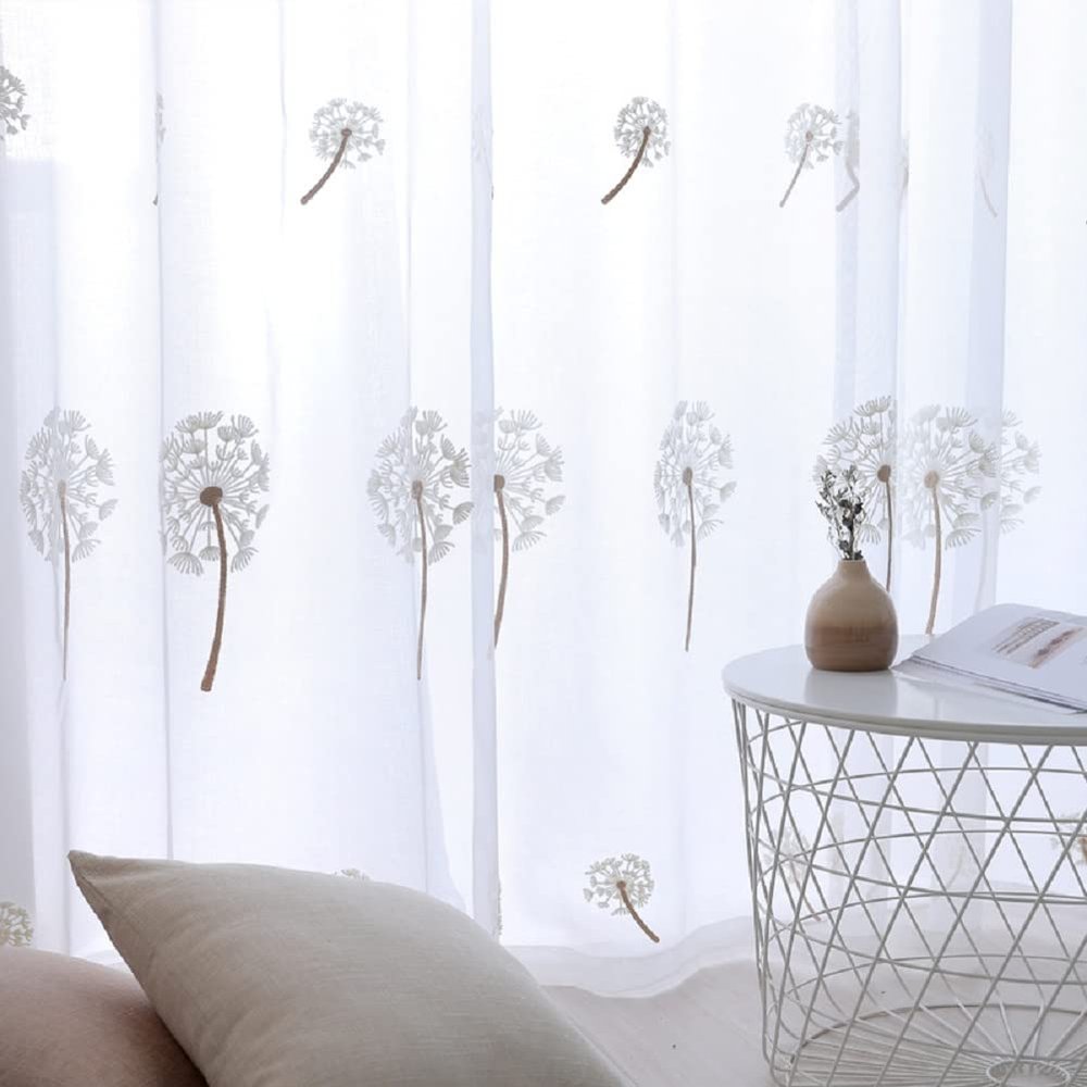 Iuokuby Dandelion Embroidery Study Sheer Curtains Home Decoration Gauze Voile Draperies for Living Kids Baby Room Bedroom(1 Panel, W 52 x L 84 inch, White)