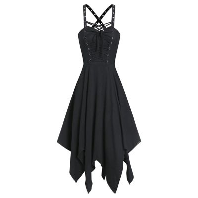 Women's Gothic High Low Dress with Corset Halter Swing Cocktail Dress Halloween Punk Suspender Hip-Wrapped Dresses