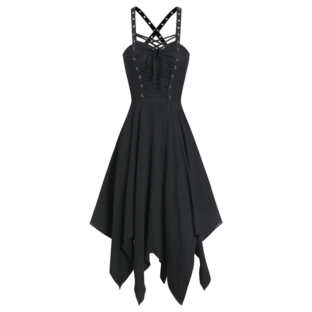 Women's Gothic High Low Dress with Corset Halter Swing Cocktail Dress Halloween Punk Suspender Hip-Wrapped Dresses