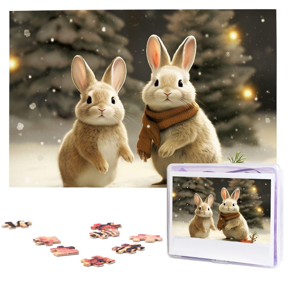 1000 Piece Jigsaw Puzzles for Adults Challenging Puzzle Wooden Picture Puzzle Personalized Custom Rubbits and Xmas Tree Wood Puzzle for Family Game Nights Gifts 29.5x19.7 inches Puzzle