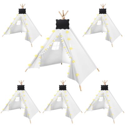 6 Packs Teepee Tent for Kids with 10FT String Lights, Indoor Outdoor Play Teepee Tent for Girls & Boys, Foldable Tents for Birthday Party Boho Sleepovers Party (White)