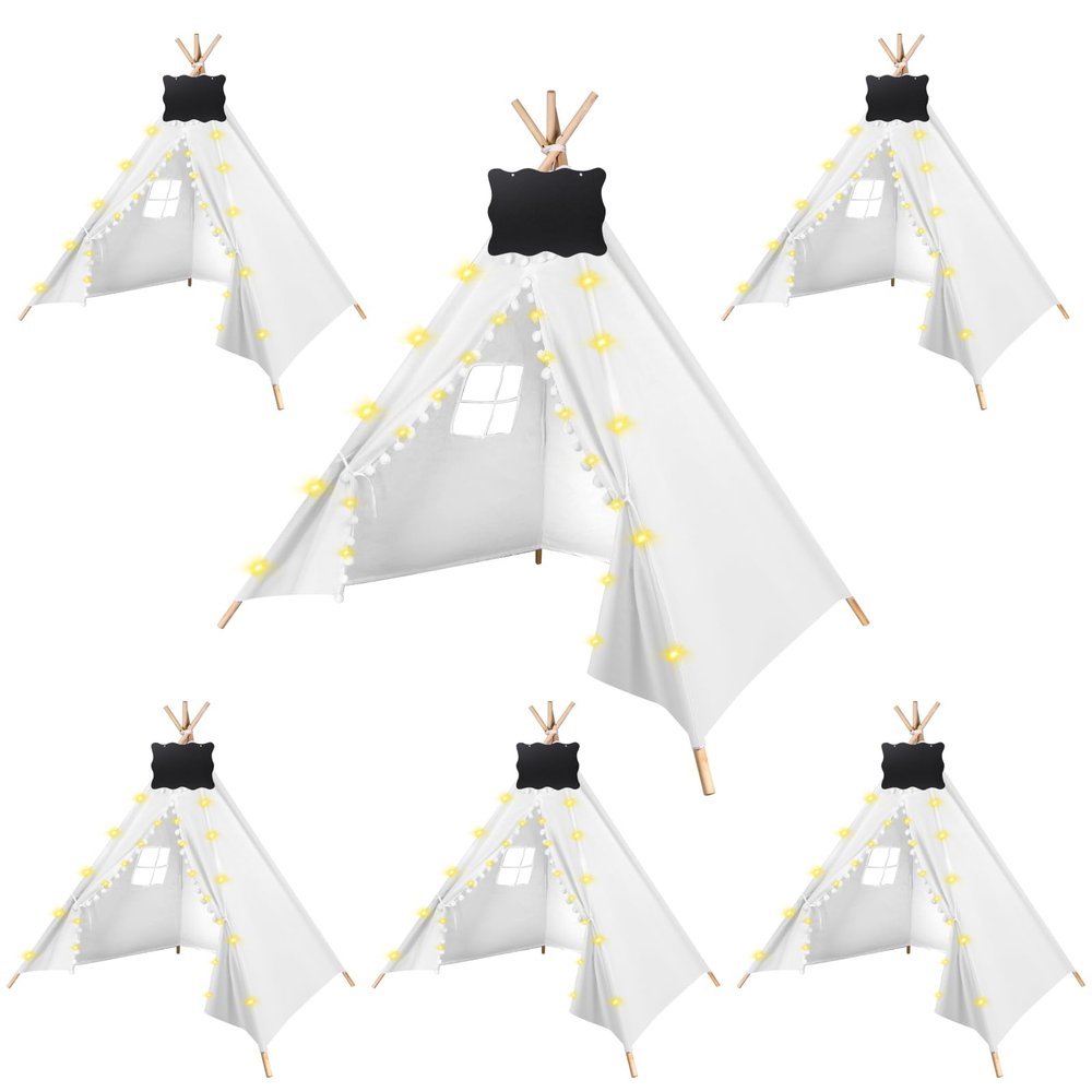 6 Packs Teepee Tent for Kids with 10FT String Lights, Indoor Outdoor Play Teepee Tent for Girls & Boys, Foldable Tents for Birthday Party Boho Sleepovers Party (White)