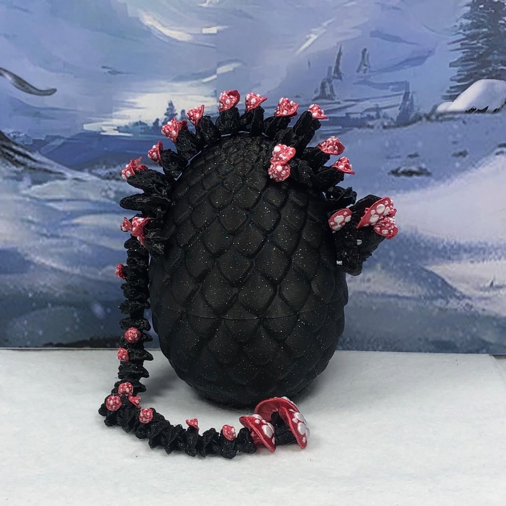 3D Printed Dragon with Dragon Egg, 12" Articulated Black Mushroom Dragon, Fidget ADHD Autism Toy, Executive Desk Toy D038-BE