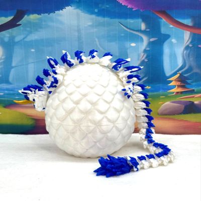 3D Printed Dragon with Dragon Egg, Articulated Fidget Toy Dragon, 12" White and Blue Unicorn Dragon, Executive Desk Toy D052-WE