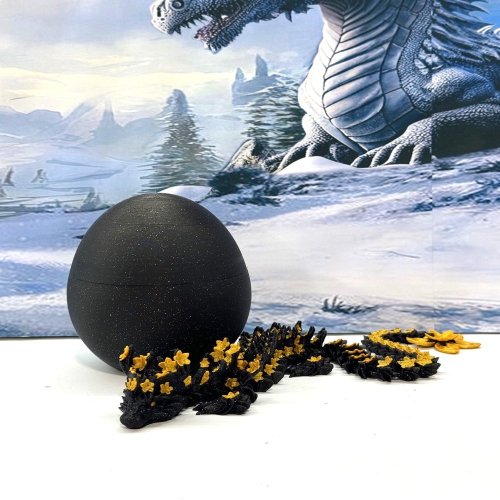 3D Printed Dragon with Dragon Egg, Articulated Fidget Toy Dragon, 12" Black and Gold Cherry Blossom Dragon, Executive Desk Toy D043-BE-CLS