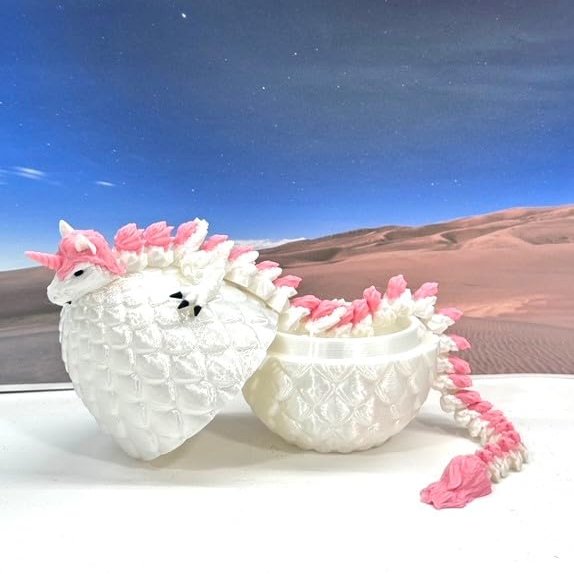 3D Printed Dragon with Dragon Egg, Articulated Fidget Toy Dragon, 12" White and Pink Unicorn Dragon, Executive Desk Toy D061-WE