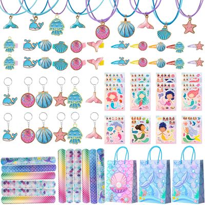 Fruitful Jewelry 84pcs Mermaid Birthday Party Favors with Fish Birthday Rings Keychain Slap Bracelets Bags Hair Clips Necklace etc