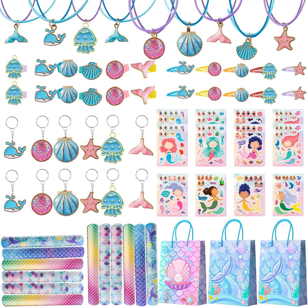 Fruitful Jewelry 84pcs Mermaid Birthday Party Favors with Fish Birthday Rings Keychain Slap Bracelets Bags Hair Clips Necklace etc