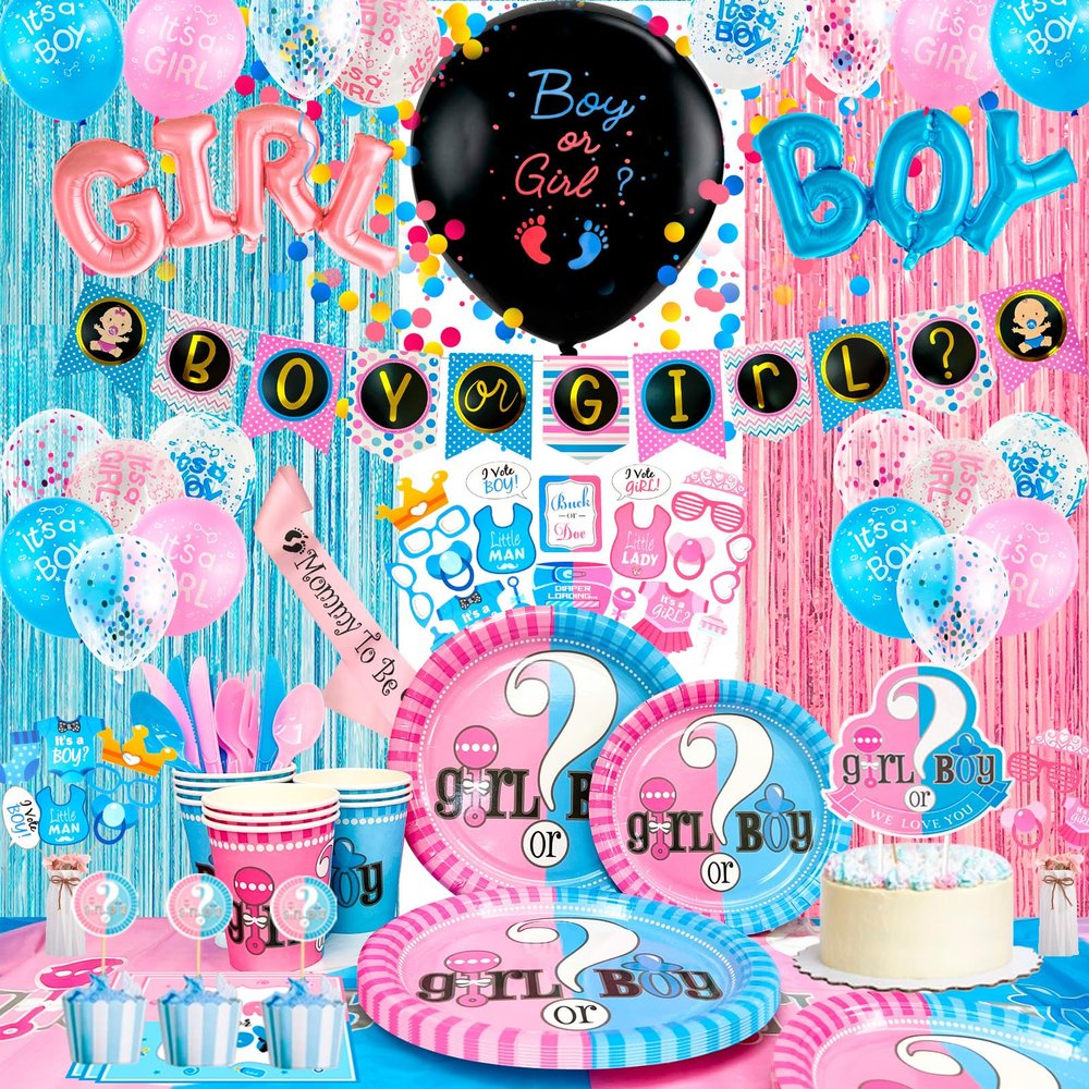 158 Pcs Gender Reveal Party Decorations Supplies, 10 Guests Gender Reveal Plates and Napkins Cups Table Cloth Foil Balloons Banner Fringe Photo Booth Props Cupcake Toppers etc