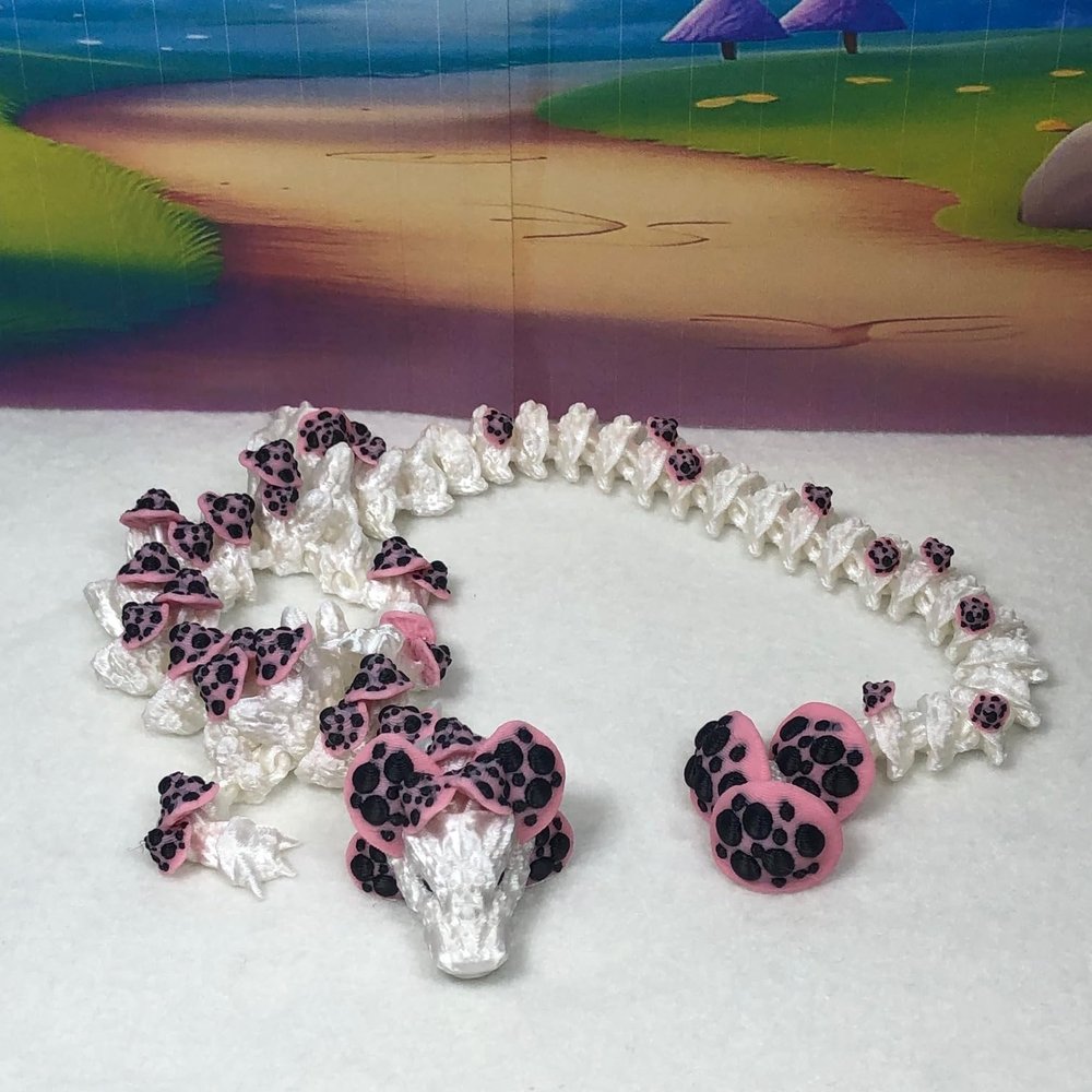 3D Printed Dragon, 12" Articulated White Pink and Black Mushroom Dragon, Fidget ADHD Autism Toy, Executive Desk Toy D035-DR
