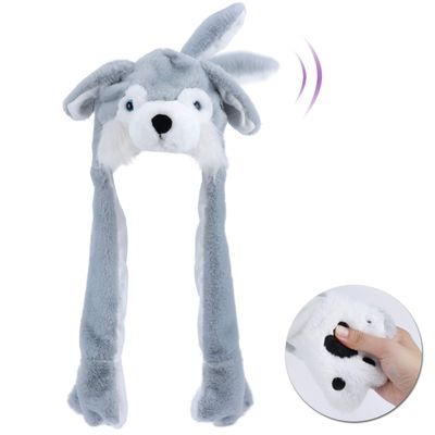 Bubblepompom Husky Hat with Ears Moving Jumping Pop Up Beating Hat Plush Holiday Cosplay Dress Up Funny Party Gift for Kids Girls, Gray, 22''