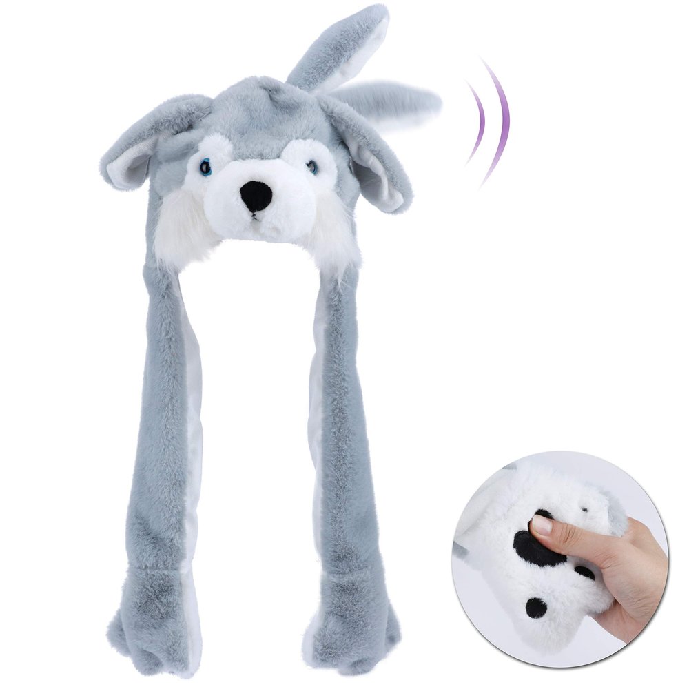Bubblepompom Husky Hat with Ears Moving Jumping Pop Up Beating Hat Plush Holiday Cosplay Dress Up Funny Party Gift for Kids Girls, Gray, 22''