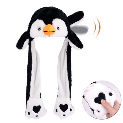 Bubblepompom Penguin Hat with Ears Moving Jumping Pop Up Beating Hat Plush Holiday Cosplay Dress Up Funny Party Gift for Kids Boys Girls, Black, 22''