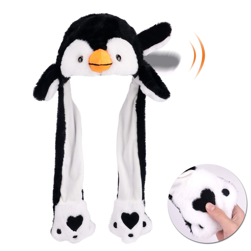 Bubblepompom Penguin Hat with Ears Moving Jumping Pop Up Beating Hat Plush Holiday Cosplay Dress Up Funny Party Gift for Kids Boys Girls, Black, 22''