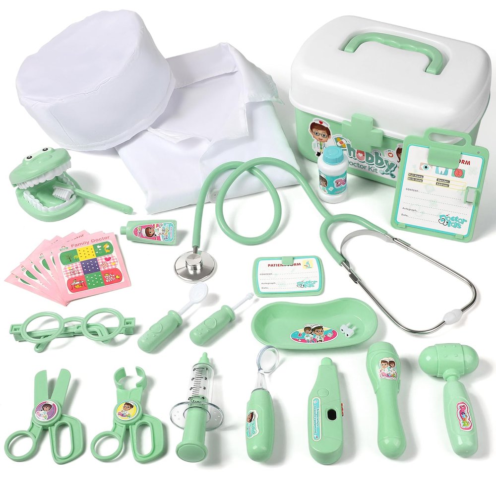 Phobby Durable Doctor Kit for Kids, 27 Pcs Deluxe Pretend Play Medical Kit Toy with Real Stethoscope, Doctor Kit for Toddlers Boys Girls Birthday Gift (Green)