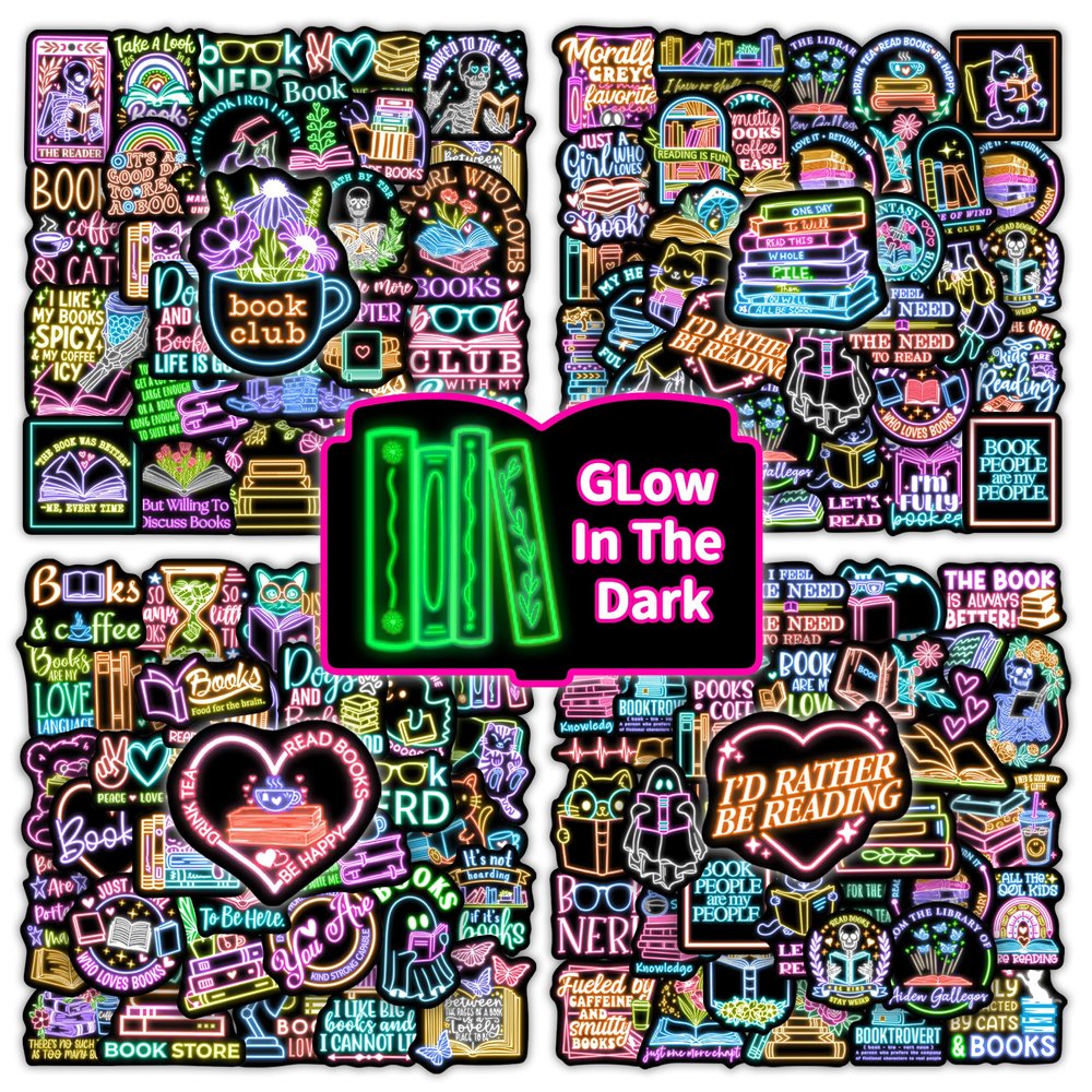 100 Pcs Glow in The Dark Kids Neon Book Stickers for Kindle, Vinyl Waterproof Bookish Water Bottle Laptop Decals Adults, Book Lovers Reading Rewards Decorative Stickers