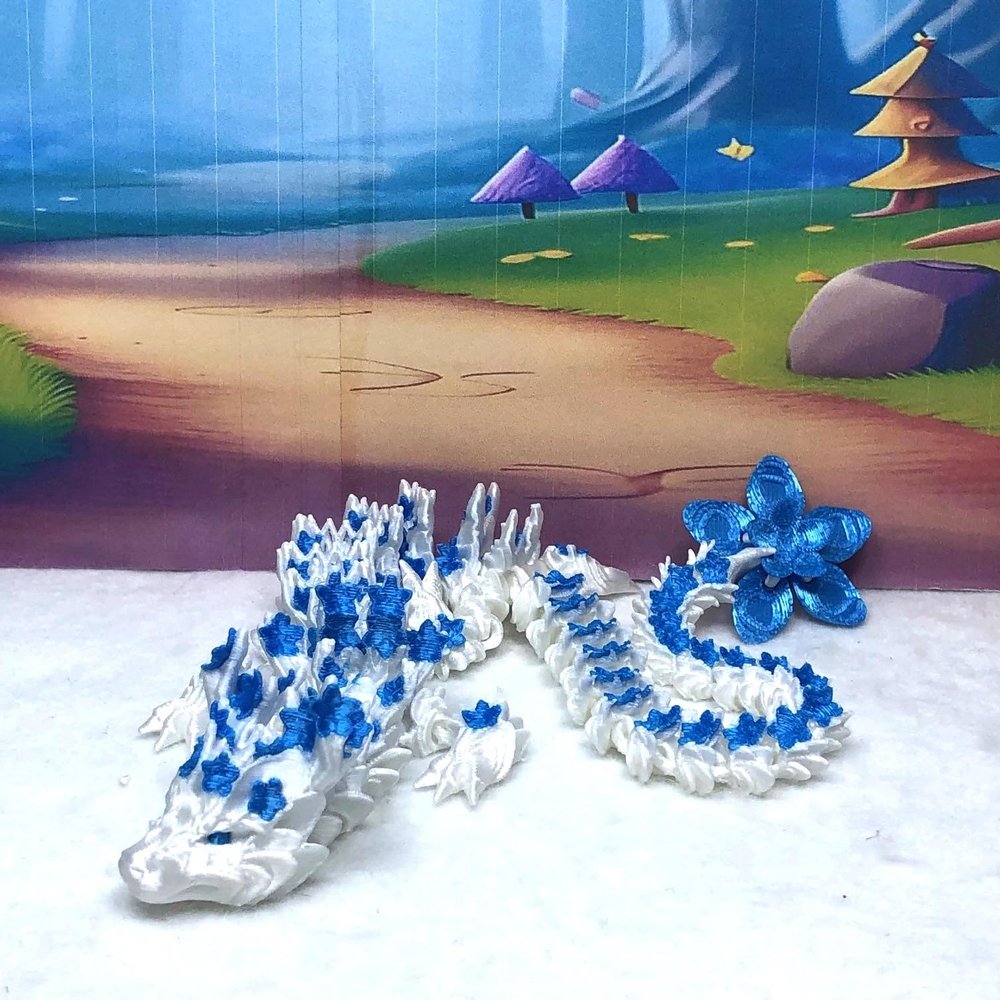 3D Printed Dragon, Articulated Dragon Toy, 12" White and Blue Cherry Blossom Dragon, Fidget ADHD Autism Toy, Executive Desk Toy D017-WB-DR